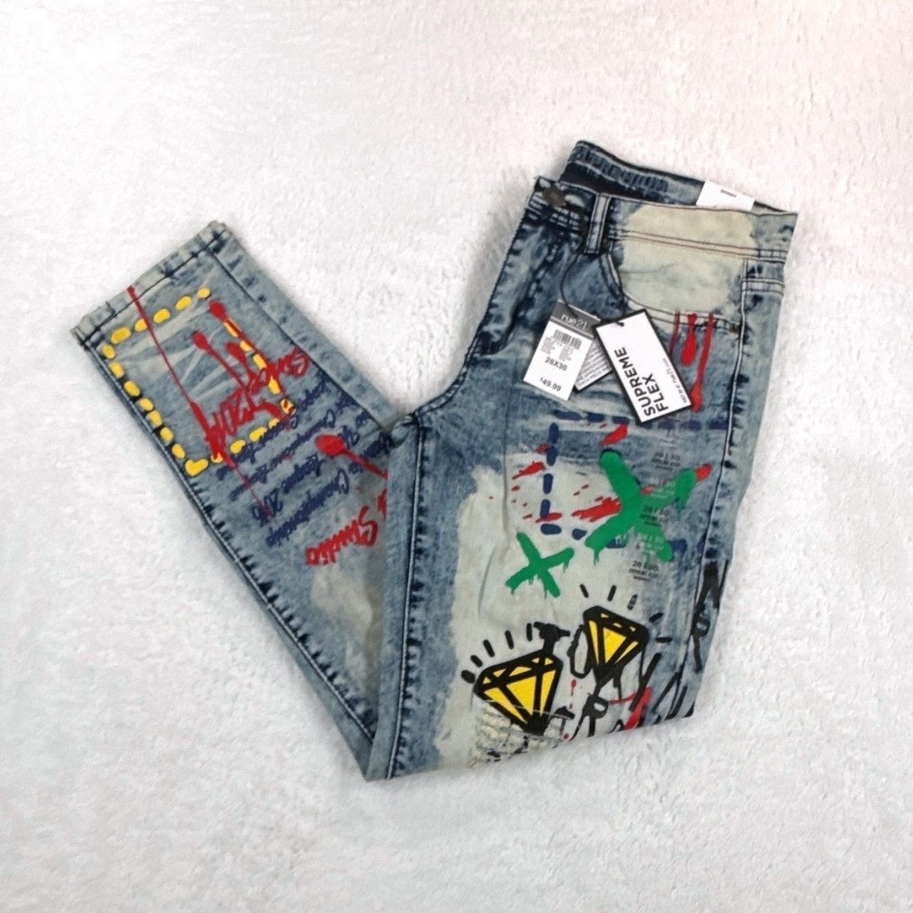 Rue21 Men's 28x30 Blue Graphic Paint Splatter Distressed Skinny Flex NWT‎
